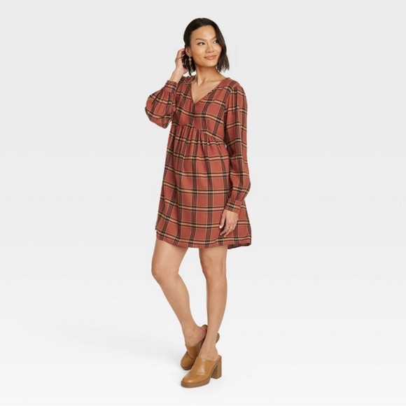 Women’s Bishop Sleeve A-Line Dress, Knox Rose, Brown Plaid - Picture 3 of 3